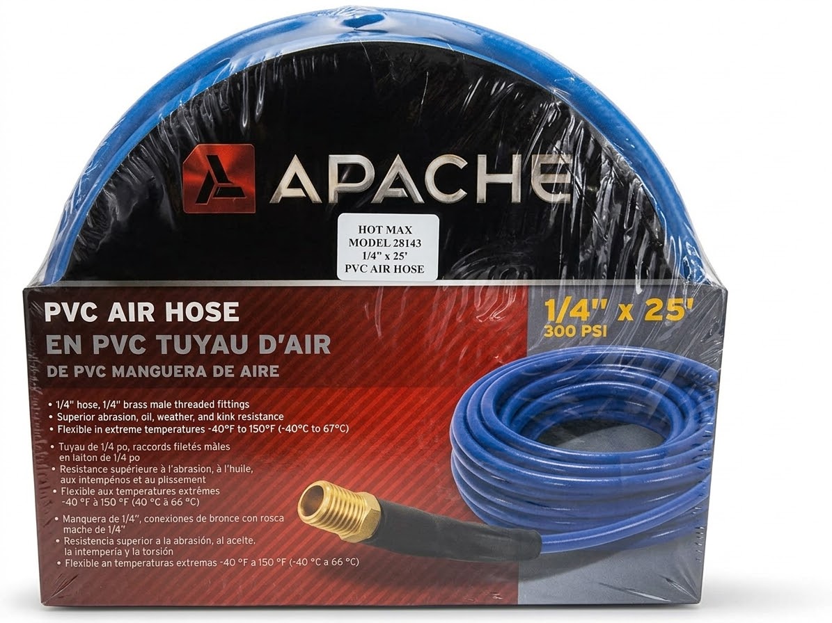 HOT.28143 PVC AIR HOSE 1/4" X 25', 1/4" MALE NPT FITTINGS