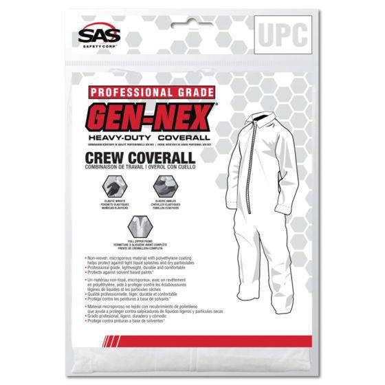 SAS.6953 Gen-Nex® Professional Grade Heavy-Duty Crew Coverall, Large, Cloth-Like Fiber, White, Zipper Front