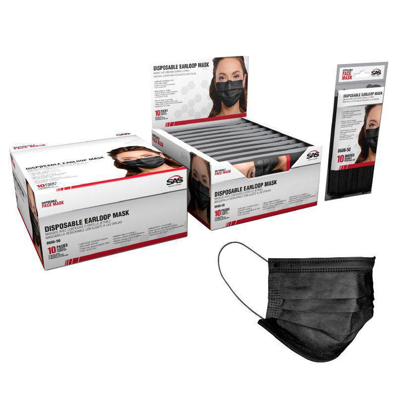SAS.8606-50.BX Disposable Ear Loop Face Mask, Universal, Black, 100/PK